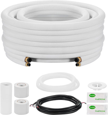  VEVOR Kit Liaison Frigorifique Tuyau En Cuivre Mini-split 9,5 Mm 15,9 Mm Diamètre Extérieur, 15,2 M Longueur, Bobine Isolée PE Blanc Épais 9,5 Mm Avec Écrous, Raccords, Pour Mini Climatiseurs Split