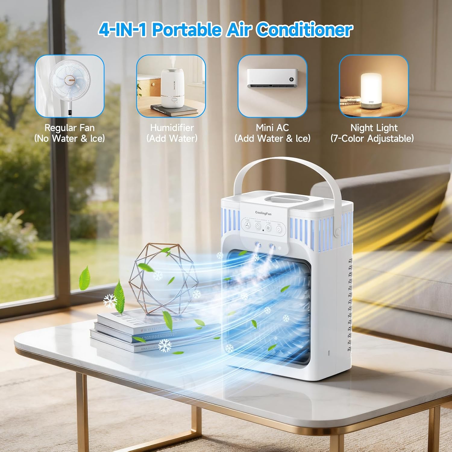  Climatiseur Portable, Refroidisseur D'air évaporatif Personnel 4 En 1 Avec Télécommande, 3 Vitesses Et 3 Brumes, Veilleuse 7 Couleurs, Minuterie De 2 à 8 Heures, Mini Ventilateur De Refroidissement De