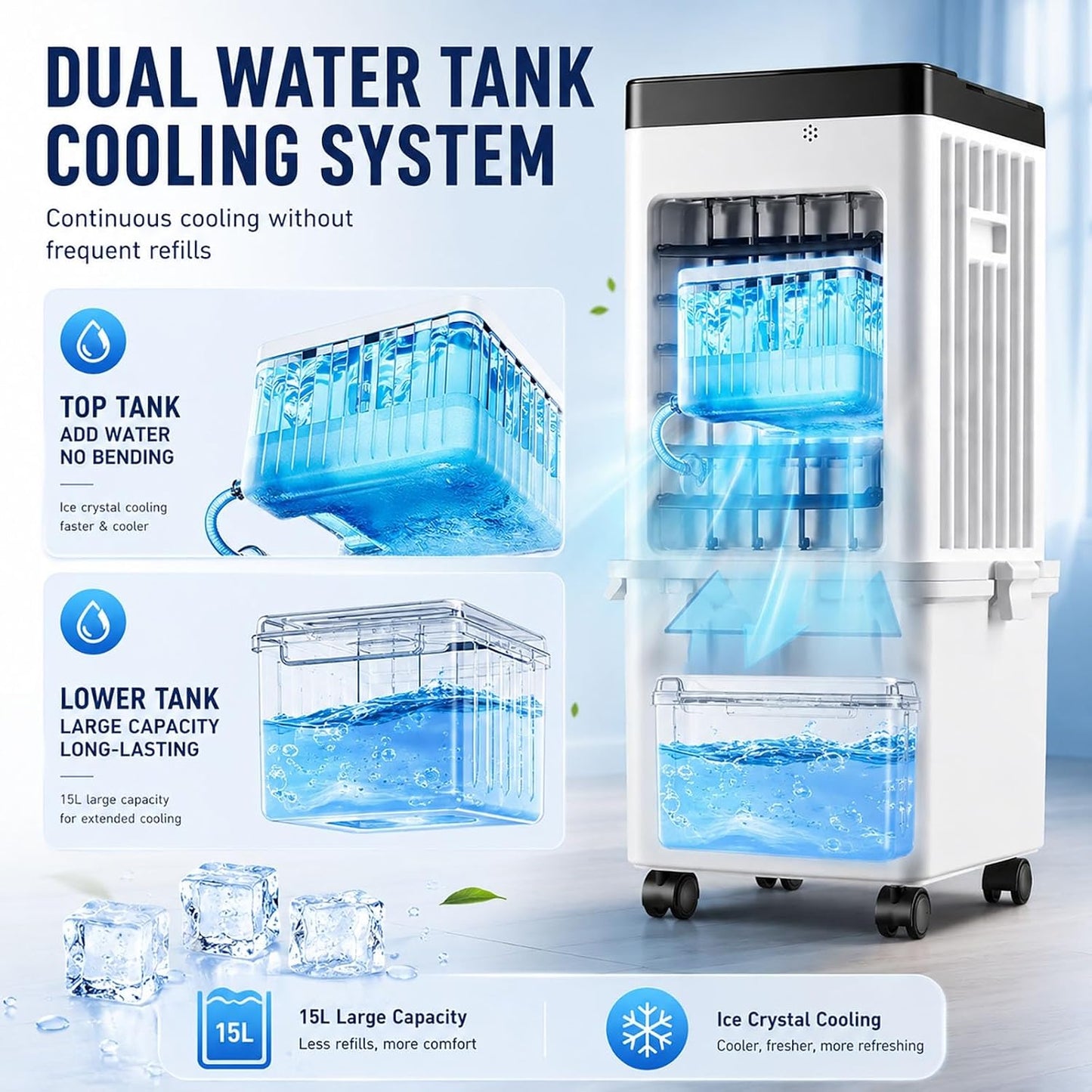  Rafraîchisseur D'Air Évaporatif Pour Maison & Bureau, Climatiseur Mobile Sans Évacuation 15L Grand Réservoir Avec Télécommande, 3 Modes & 3 Vitesses, Oscillation 120°