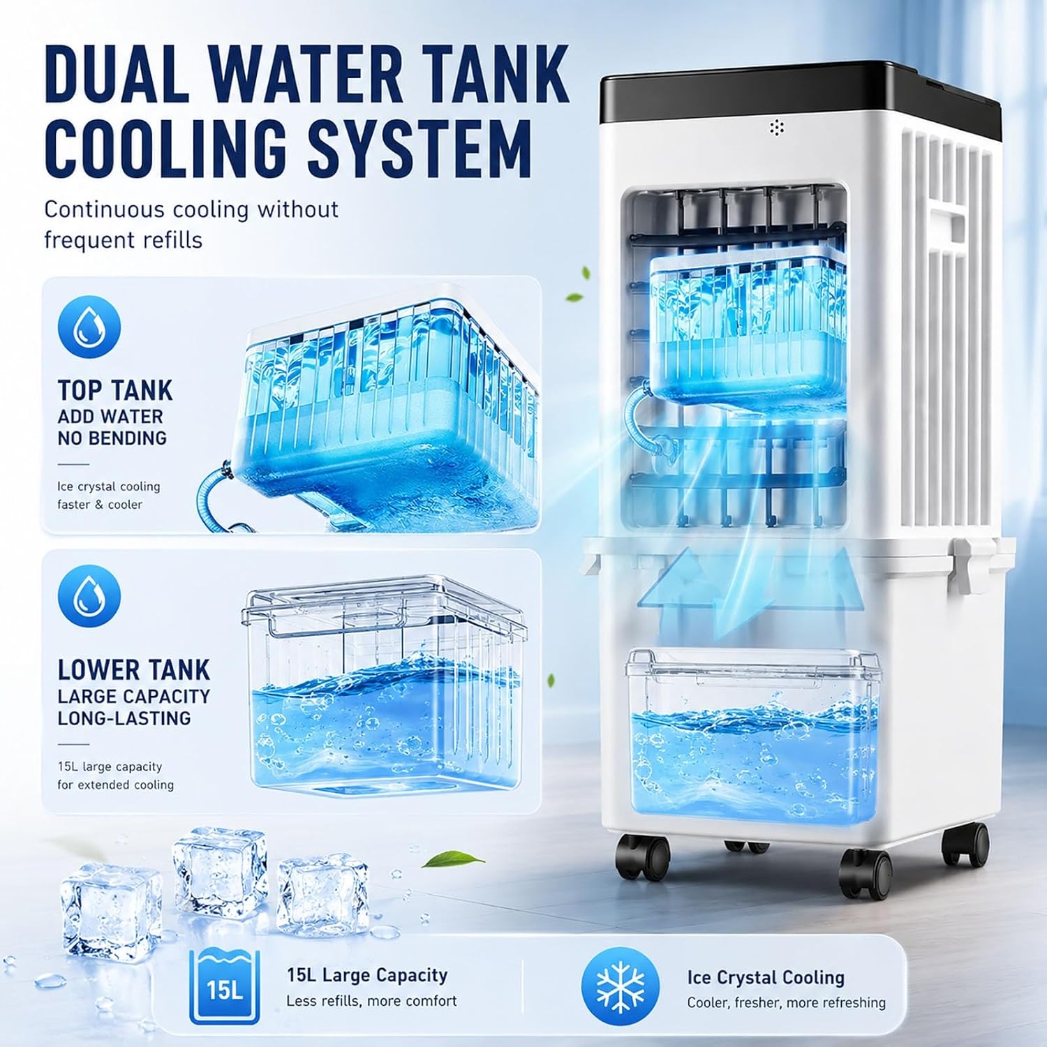  Rafraîchisseur D'Air Évaporatif Pour Maison & Bureau, Climatiseur Mobile Sans Évacuation 15L Grand Réservoir Avec Télécommande, 3 Modes & 3 Vitesses, Oscillation 120°
