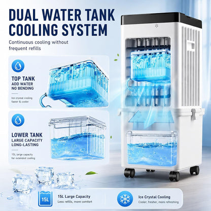  Rafraîchisseur D'Air Évaporatif Pour Maison & Bureau, Climatiseur Mobile Sans Évacuation 15L Grand Réservoir Avec Télécommande, 3 Modes & 3 Vitesses, Oscillation 120°
