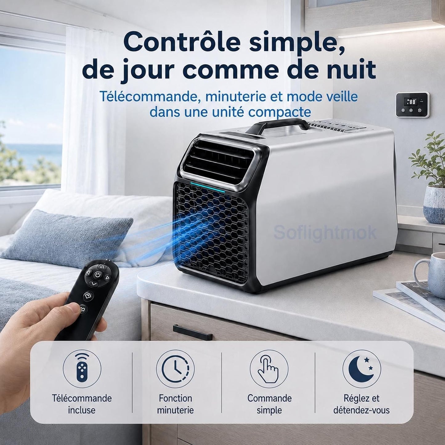 Climatiseur Mobile Compact 1400W Pour Maison, Van Et Tente Silver-220V | Mode Nuit 52 DB Et Minuterie Pour Garder Une Fraîcheur Agréable Pendant Le Repos Ou Les Nuits En Camping.