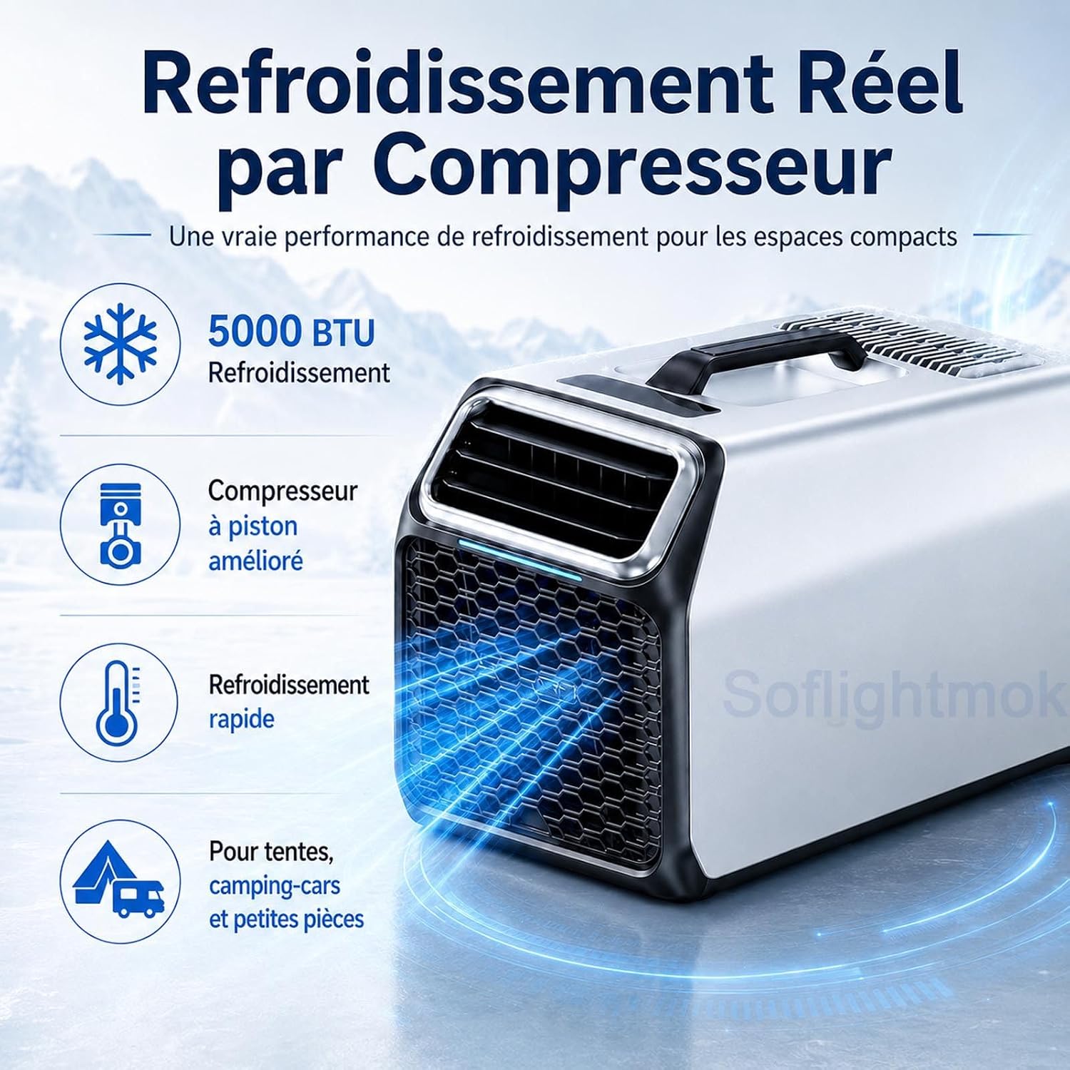  Climatiseur Mobile Compact 1400W Pour Maison, Van Et Tente Silver-220V | Mode Nuit 52 DB Et Minuterie Pour Garder Une Fraîcheur Agréable Pendant Le Repos Ou Les Nuits En Camping.