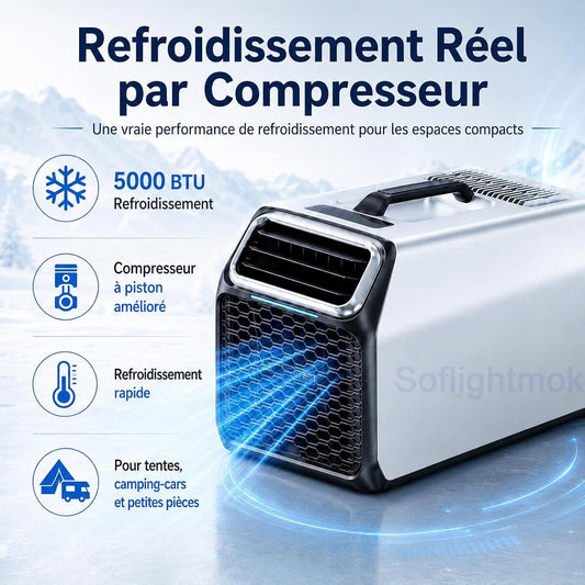  Climatiseur Mobile Compact 1400W Pour Maison, Van Et Tente Silver-220V | Mode Nuit 52 DB Et Minuterie Pour Garder Une Fraîcheur Agréable Pendant Le Repos Ou Les Nuits En Camping.