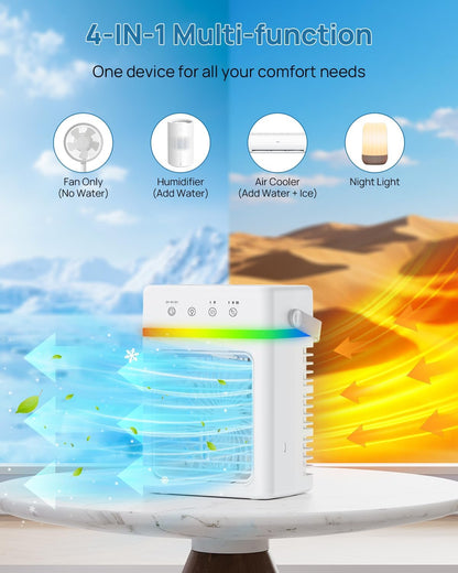  Climatiseur Portable Capacité De 900ML - Refroidisseur D’Air 3 Puissances D’Air, Climatiseur Mobile Avec 2 Intensités De Nébulisation, Minuterie 2/4/6 Heures, Alimentation USB, Lumière D’Ambiance RGB
