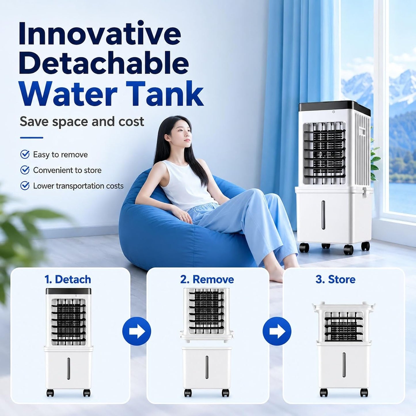  Rafraîchisseur D'Air Évaporatif Pour Maison & Bureau, Climatiseur Mobile Sans Évacuation 15L Grand Réservoir Avec Télécommande, 3 Modes & 3 Vitesses, Oscillation 120°