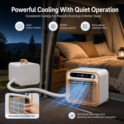  Climatiseur Split Portable 1500W, Climatiseur De Tente Silencieux <40dB Pour Camping Avec Minuteur 12H, Télécommande Tactile & Commande App, Pour Camping-Car & Caravane 1m-Pipe