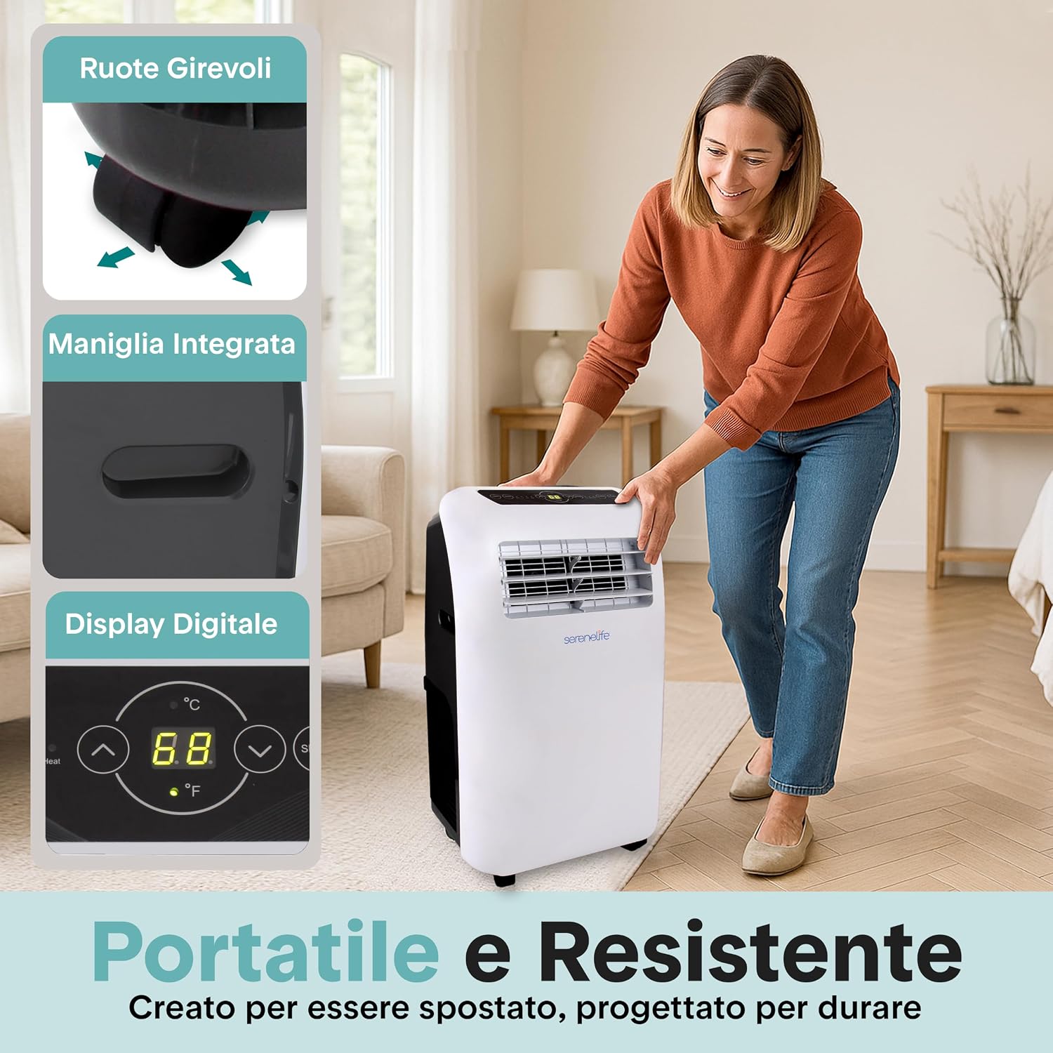  SereneLife Climatiseur Portable 3 En 1 Avec Déshumidificateur, Ventilateur, Télécommande, Kit Fenêtre, 9 000 BTU, Classe A