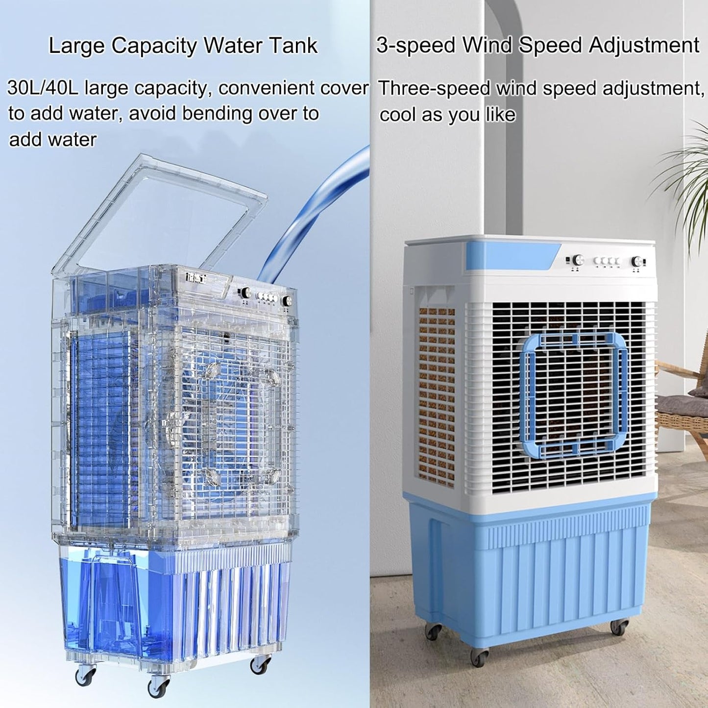 GENERIC Refroidisseur D'air évaporatif Portable, Ventilateur De Refroidissement De Marais De Réservoir De 30L, Sortie Oscillante 150 °, 3 Vitesses Pour L'atelier Garage Utilisation Extérieure Intérieure