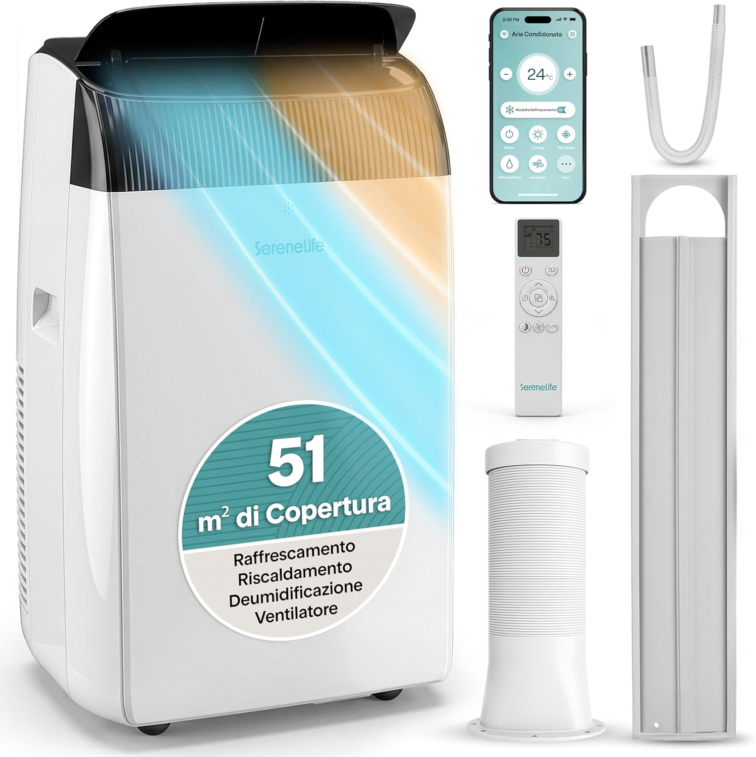  SereneLife Climatiseur Portable 3 En 1 Avec Déshumidificateur, Ventilateur, Télécommande, Kit Fenêtre, 9 000 BTU, Classe A