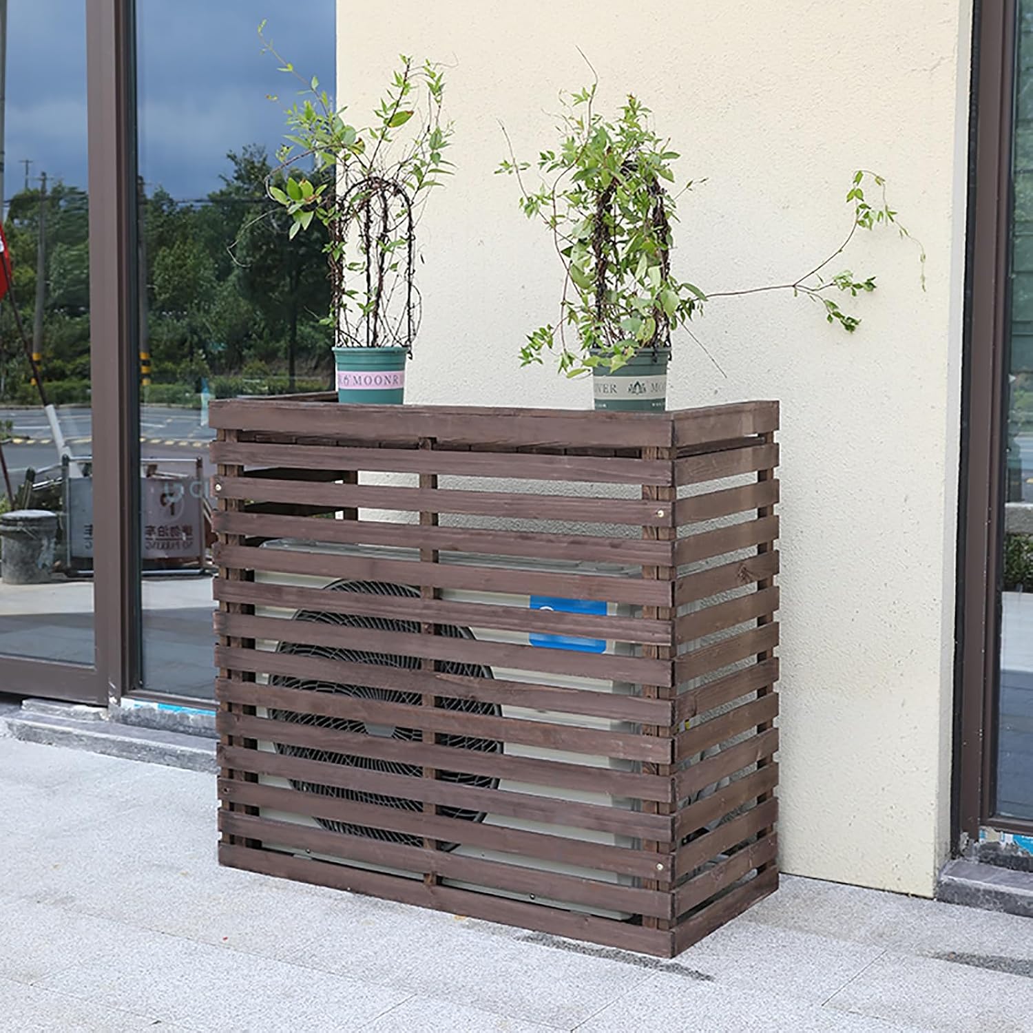  Housse En Bois De Qualité Supérieure Pour Climatiseur – Extérieur Avec Support De Fleur, Protection élégante Pour Unités Mobiles, Couleur Marron – Et Résistante Aux Intempéries.