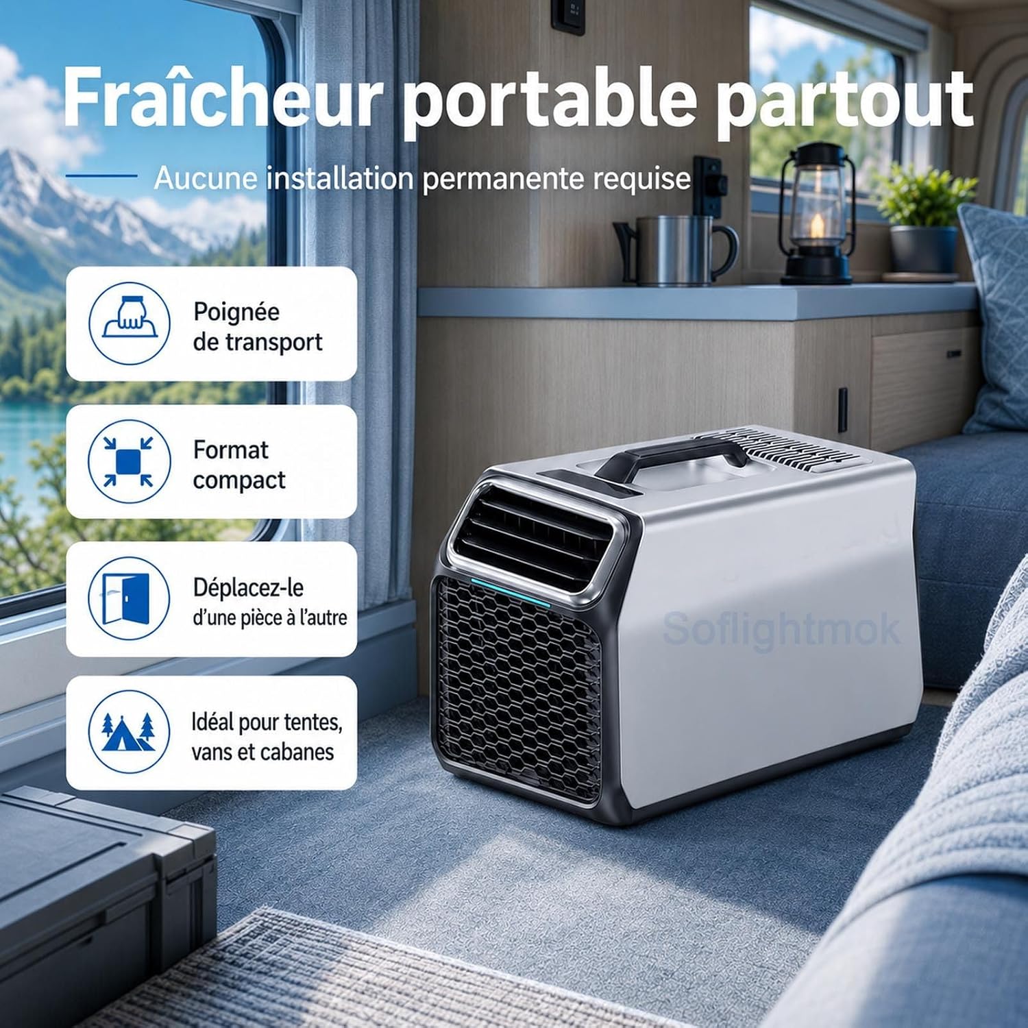  Climatiseur Mobile Compact 1400W Pour Maison, Van Et Tente Silver-220V | Mode Nuit 52 DB Et Minuterie Pour Garder Une Fraîcheur Agréable Pendant Le Repos Ou Les Nuits En Camping.