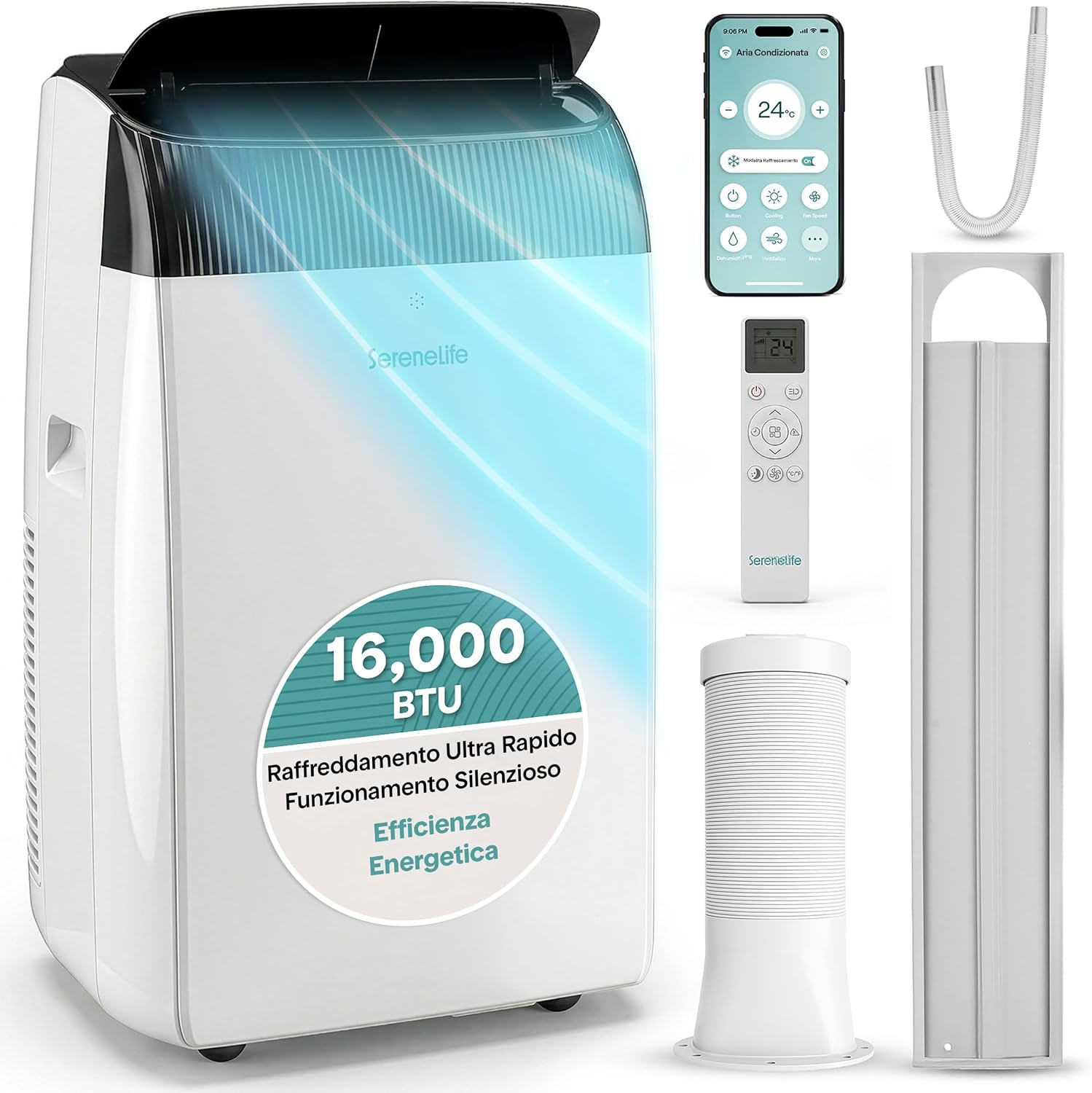  SereneLife Climatiseur Portable 3 En 1 Avec Déshumidificateur, Ventilateur, Télécommande, Kit Fenêtre, 9 000 BTU, Classe A