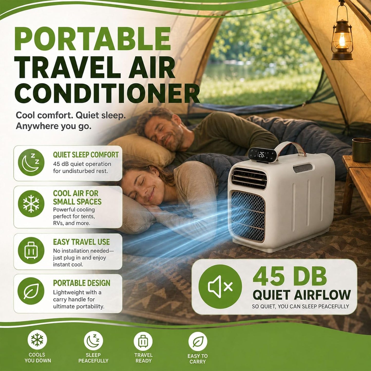  Climatiseur Portable, 4700 BTU Mobile AC Pour Tentes Et VR, Double échappement De Tuyau, Auto-évaporation, Déshumidificateur, Fonctionnement Silencieux Pour Les Petits Espaces Et Le Camping, Contrôle