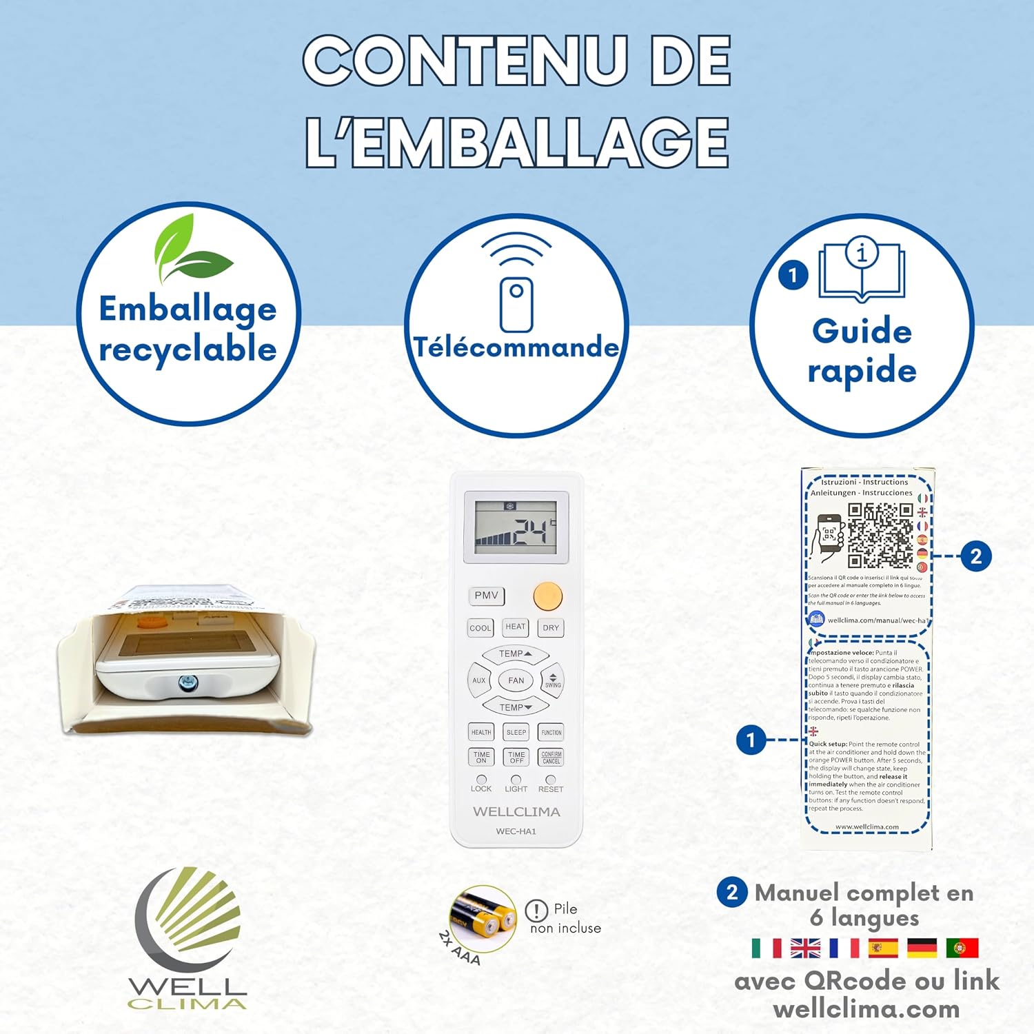  Wellclima WEC-HA1 Télécommande Pour Climatiseur Pour Haier, Pour HEC, Pour Candy, Plus Complète Que Les Universelles, Prête à L’Emploi Avec Fonctions Spéciales, Pour Inverter Et Pompe à Chaleur