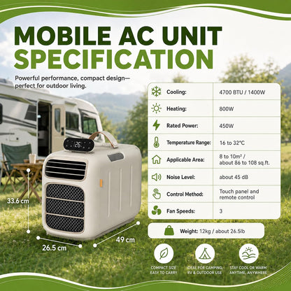  Climatiseur Portable, 4700 BTU Mobile AC Pour Tentes Et VR, Double échappement De Tuyau, Auto-évaporation, Déshumidificateur, Fonctionnement Silencieux Pour Les Petits Espaces Et Le Camping, Contrôle