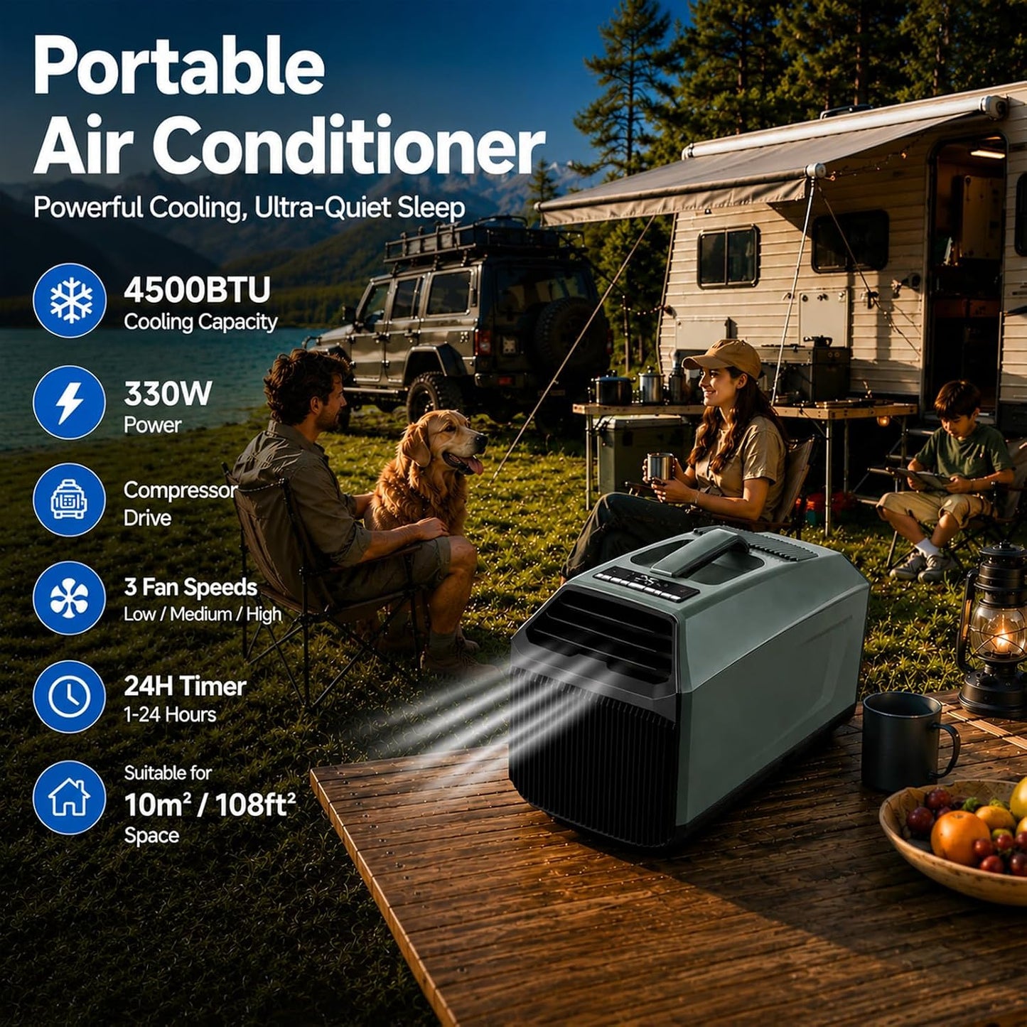  Climatiseur Portable 4 En 1,5100Btu (1500W) Refroidissement Rapide, Faible Consommation D'énergie,Minuterie 24H,16 °c à 32 °c,10 M², Pour Camping Caravanes Tentes Petites Pièces 220VAC
