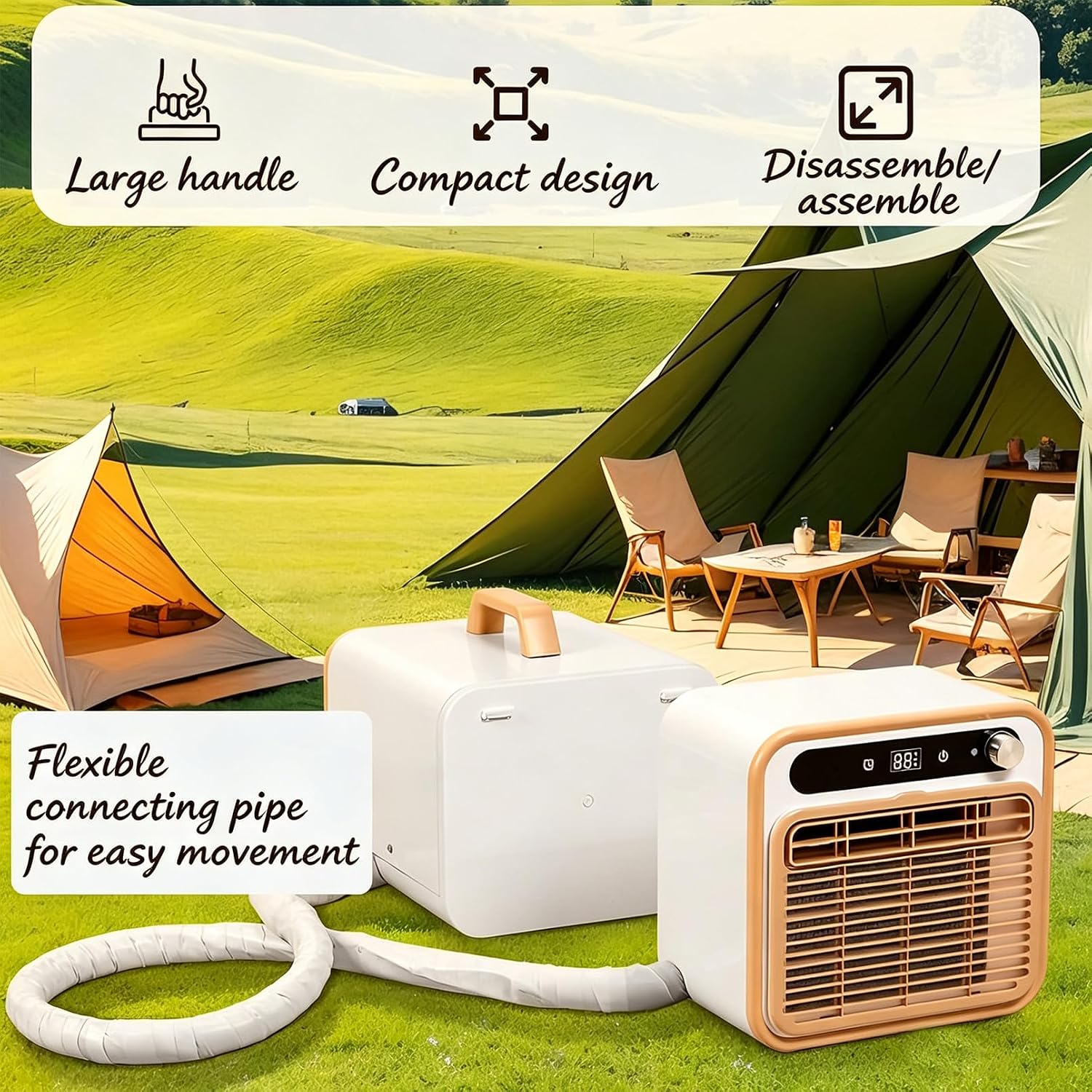 GENERIC Climatiseur Portable Sans Installation Pour Le Camping, Climatiseur Split 1500W Avec Tuyau De 2 M – Minuterie 12H Et Contrôle WiFi/télécommande, Climatiseur Pour Tente, Camion, Camping-Car, Garage