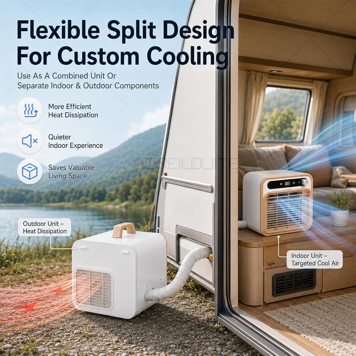  Climatiseur Split Portable 1500W, Climatiseur De Tente Silencieux <40dB Pour Camping Avec Minuteur 12H, Télécommande Tactile & Commande App, Pour Camping-Car & Caravane 1m-Pipe
