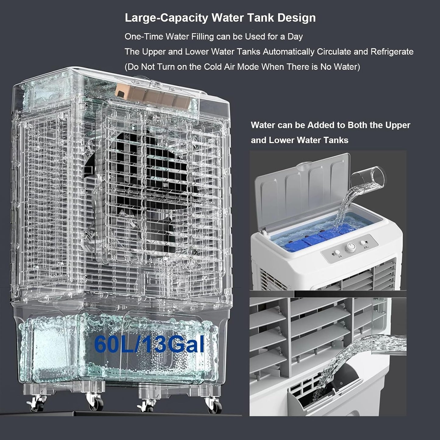  Climatiseur Mobile, Rafraichisseur D'air Avec Réservoir D'eau De 49 L, 3 Vitesses, Oscillation à 120°, 6 Accus De Froid, Climatiseur Sans Évacuation Pour La Maison Et Le Commerce, 102cm