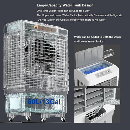  Climatiseur Mobile, Rafraichisseur D'air Avec Réservoir D'eau De 49 L, 3 Vitesses, Oscillation à 120°, 6 Accus De Froid, Climatiseur Sans Évacuation Pour La Maison Et Le Commerce, 102cm