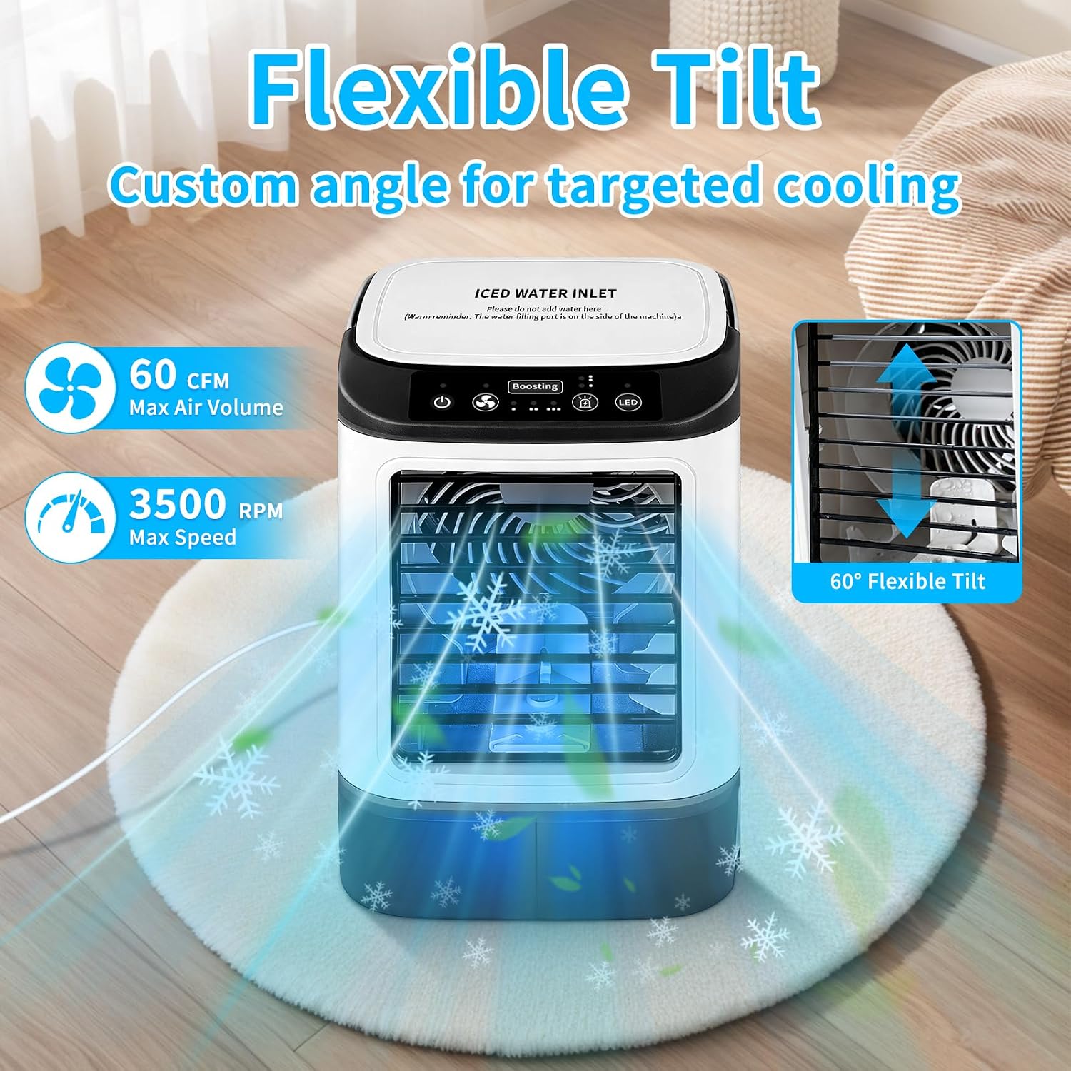  2026 Nouveauté Climatiseur Mobile - 4 Vitesses Climatiseur Mobile Sans évacuation Avec Moule à Glaçons/Fonction Brumisation/Lumière LED 7 Couleurs/Réservoir 900 Ml - Rafraichisseur D'air Silencieux